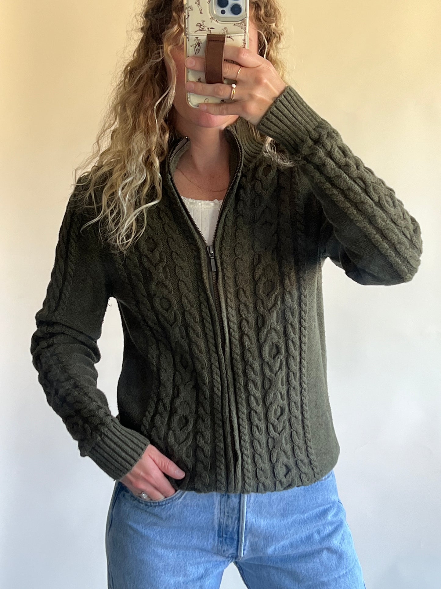 LL Bean Green Cable Knit Full Zip (M)