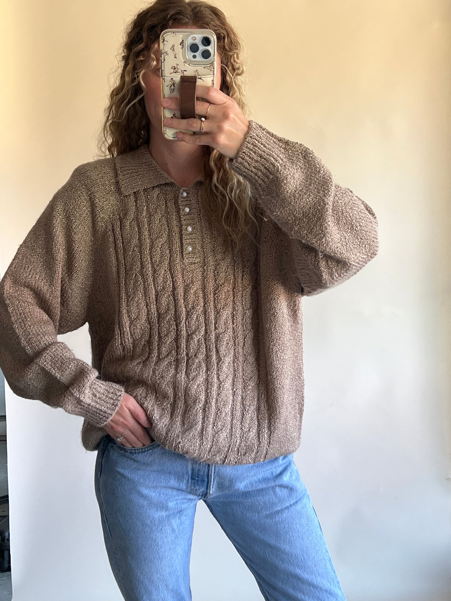 Cozy Collared Sweater w/ Pearl Buttons (XL)