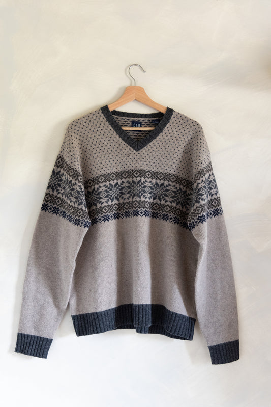 100% Lambswool Fair Isle Vneck Sweater (L)