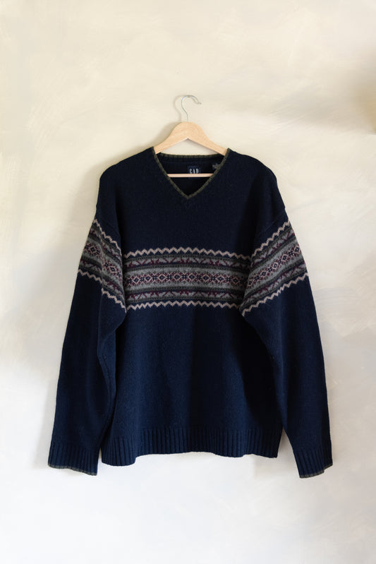 GAP Lambswool Fair Isle Vneck in Navy (XL)