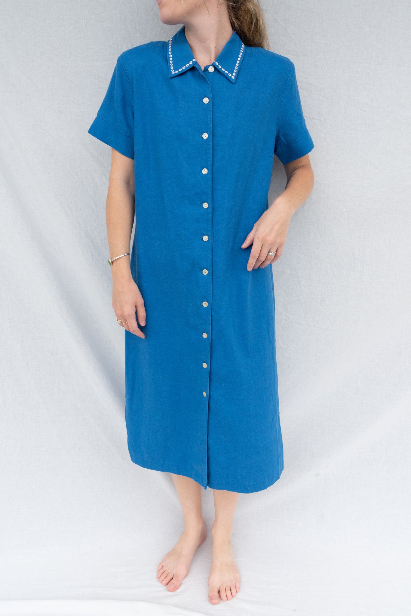 Talbots Cobalt Blue Linen Midi Dress w/ Embroidered Collar (10)