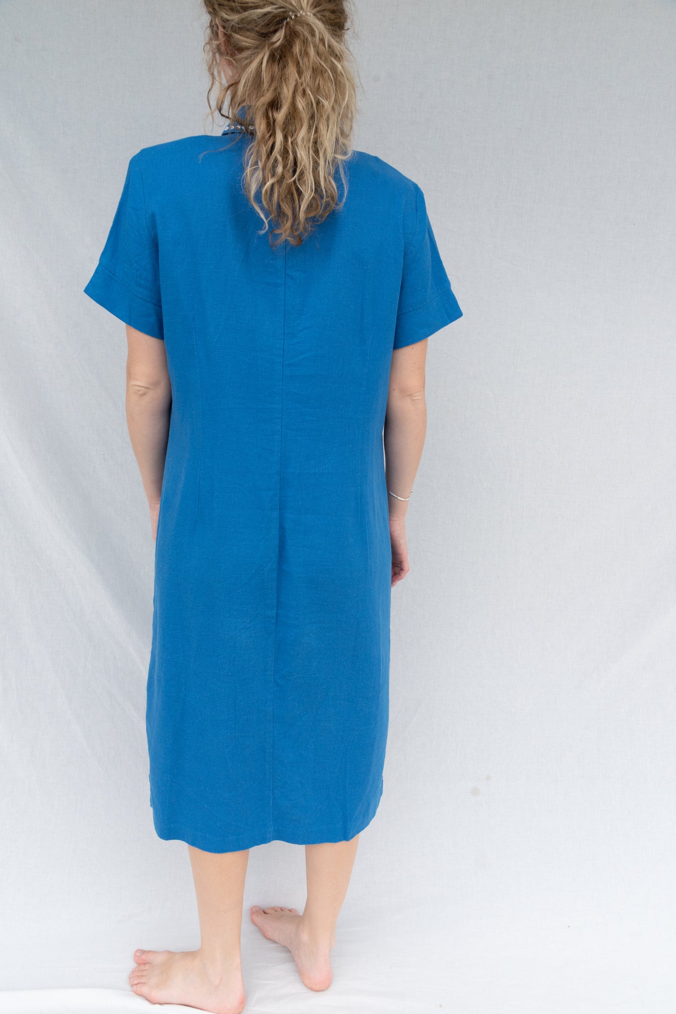 Talbots Cobalt Blue Linen Midi Dress w/ Embroidered Collar (10)